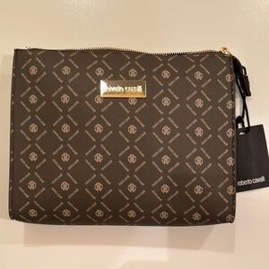 New Roberto Cavalli Brown and Gold Travel Bag with Geometric Pattern.